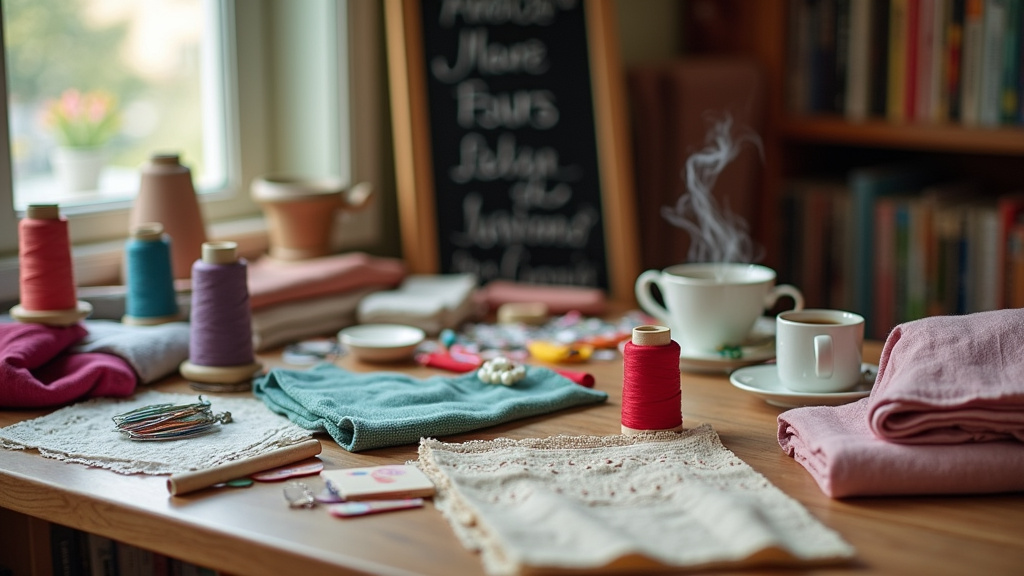 Vue intérieure de la mercerie De Fil En Aiguille avec des fils et tissus colorés