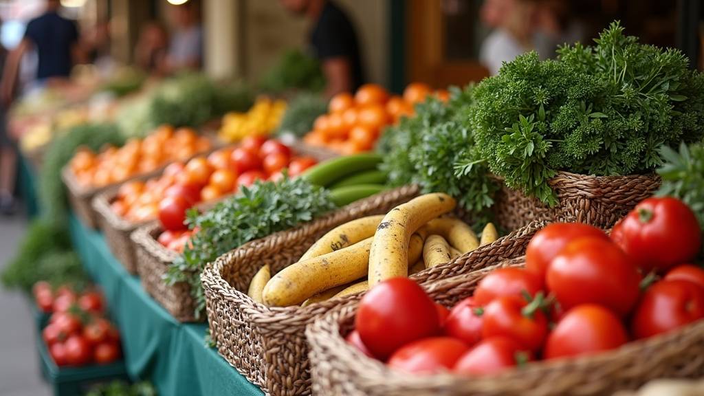 Intérieur de la Halle Gourmande avec étals couverts
