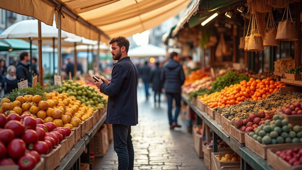 Marché d'Ajaccio en pleine activité - étals colorés avec produits locaux corses
