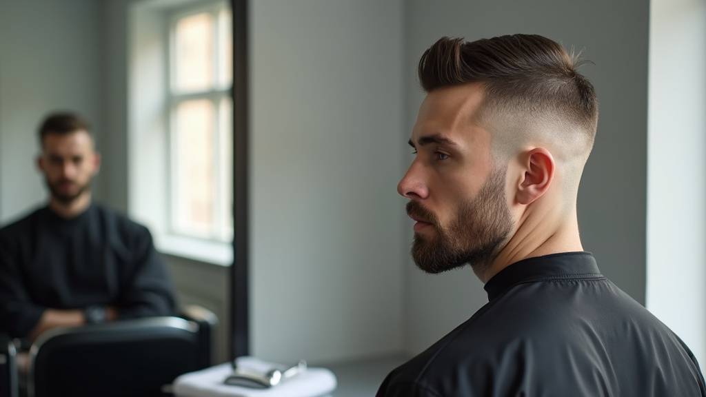 Homme avec une buzz cut stylée regardant dans le vague avec assurance