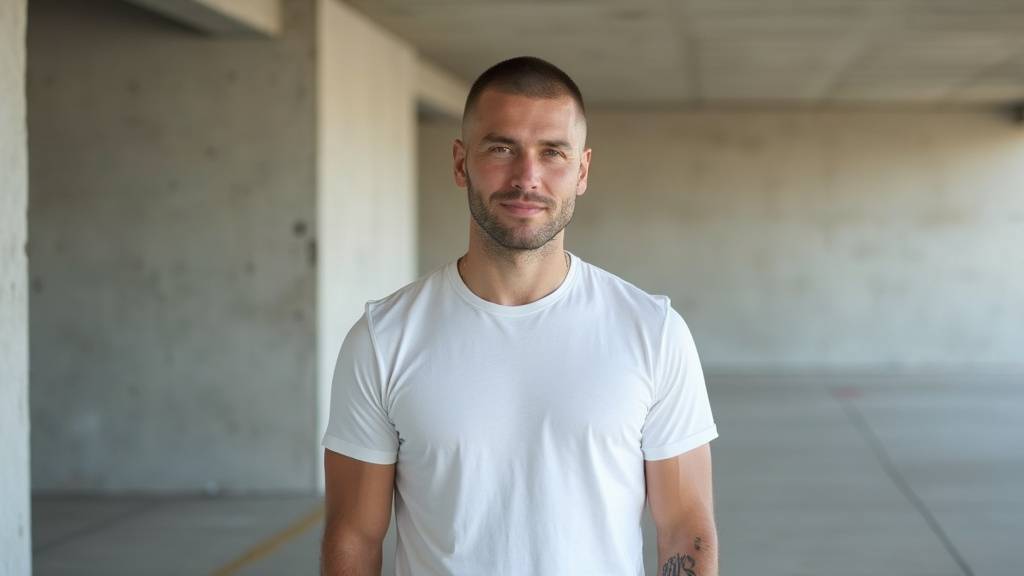 Homme avec buzz cut regardant dans le miroir avec satisfaction