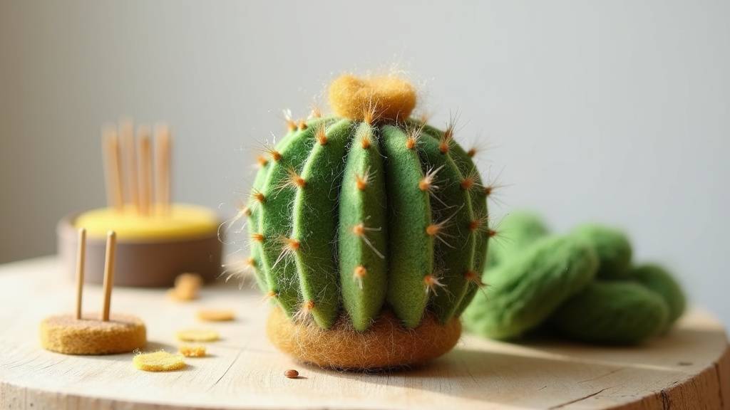 Cactus stylisé en laine cardée avec fleur colorée