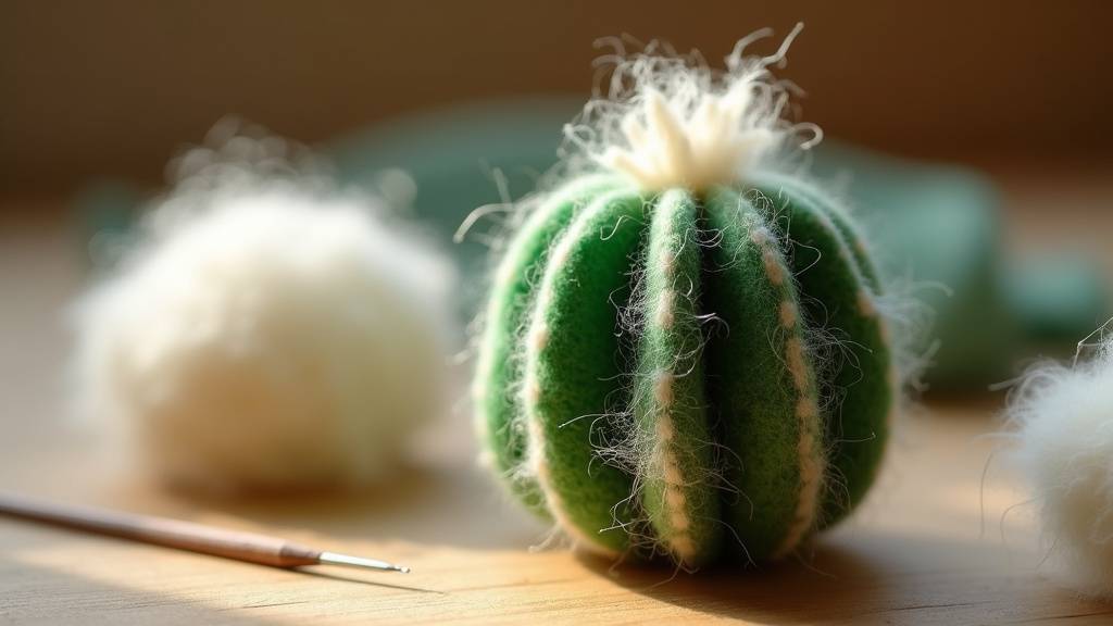 Cactus en laine cardée avec base marron