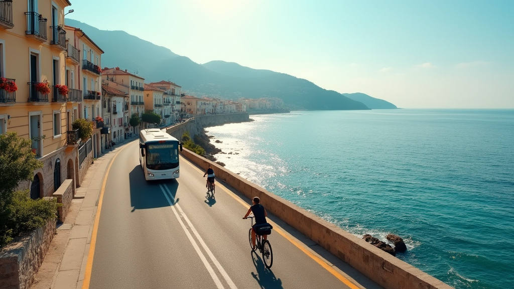 Vue aérienne d'Ajaccio avec les différents modes de transport disponibles - bus, vélos, bateaux