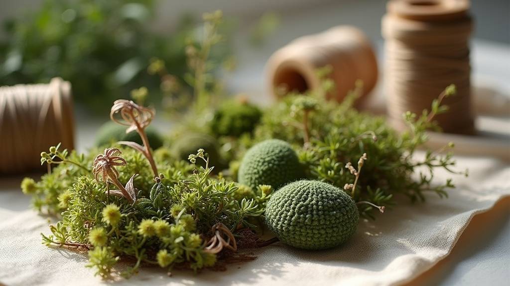 Coussin crocheté avec motifs de champignons et feuilles