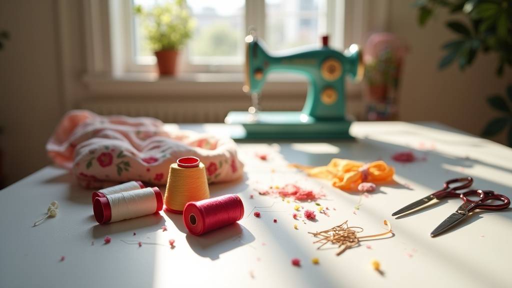Bobines de fil colorées et tissus posés sur une table de couture à Ajaccio