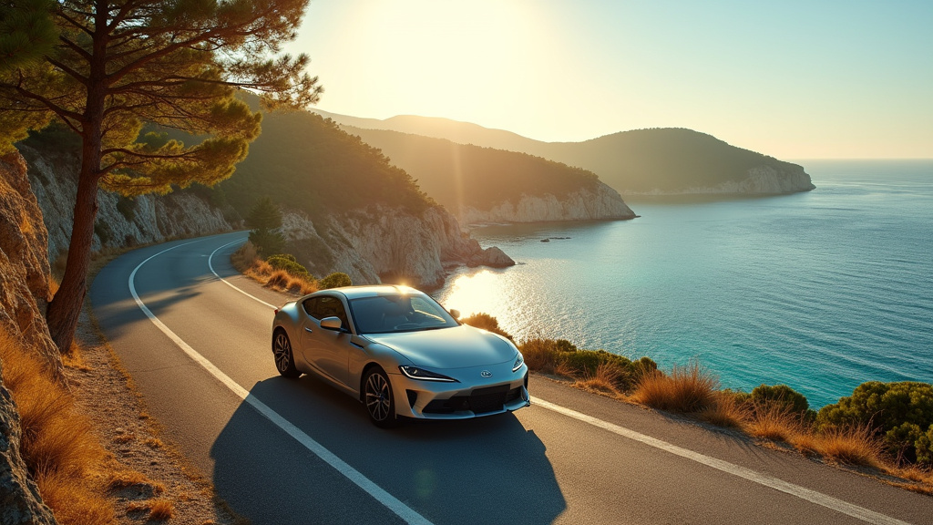 Vue panoramique de la ville d'Ajaccio avec des montagnes en arrière-plan et une voiture de location garée sur le bord de mer