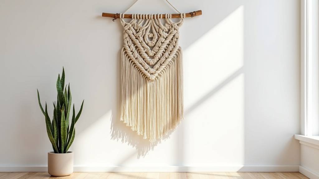 Suspension murale en macramé réalisée avec de la corde torsadée