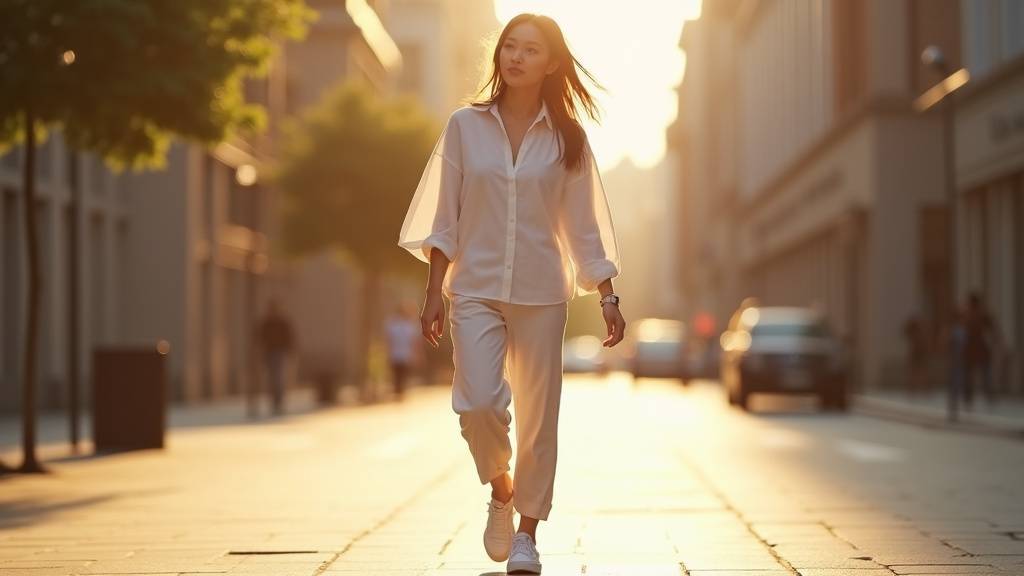 Jeune femme souriante dans un style casual chic, portant un jean, un t-shirt blanc et un blazer léger