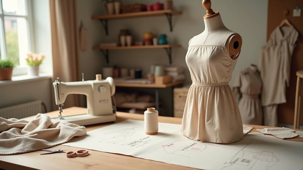 Collection de patrons Maison Fauve étalés sur une table de couture avec tissus et accessoires