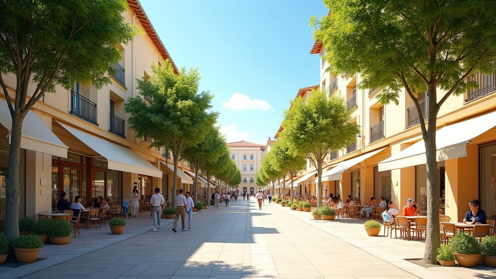 Terrasses et espaces verts du Polygone Béziers avec clients flânant
