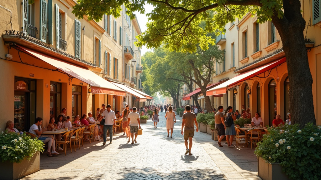 Vue aérienne du Polygone Béziers, centre commercial à ciel ouvert avec terrasses et espaces verts