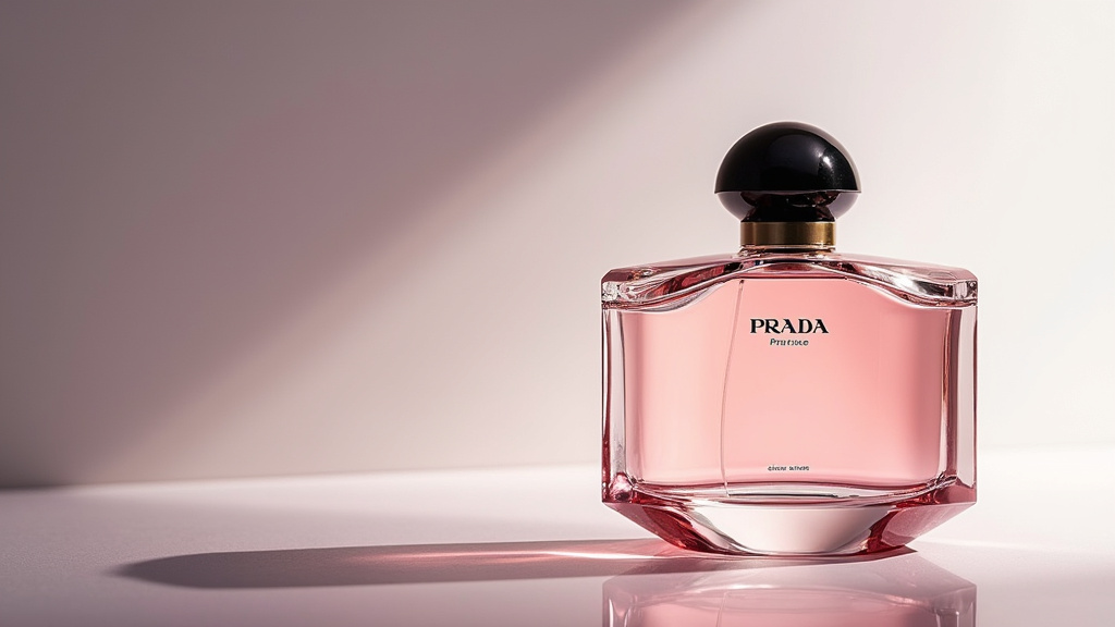 Flacon Prada Paradoxe en position triangulaire sur surface blanche