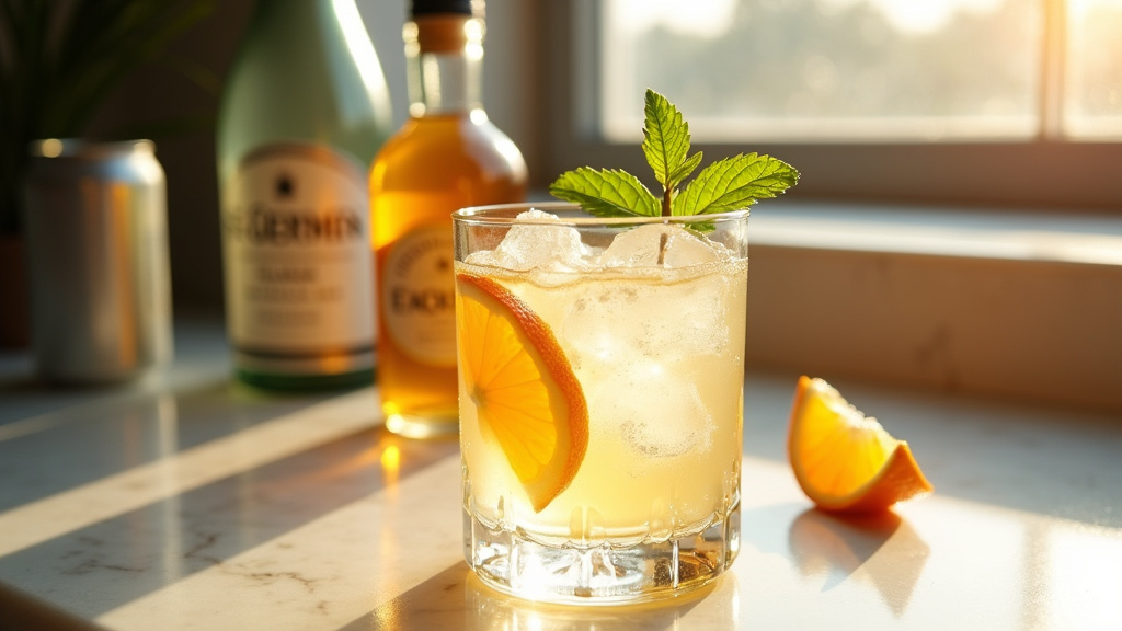 Ingrédients pour préparer un Spritz St-Germain : liqueur St-Germain, Prosecco, eau pétillante et zeste de citron