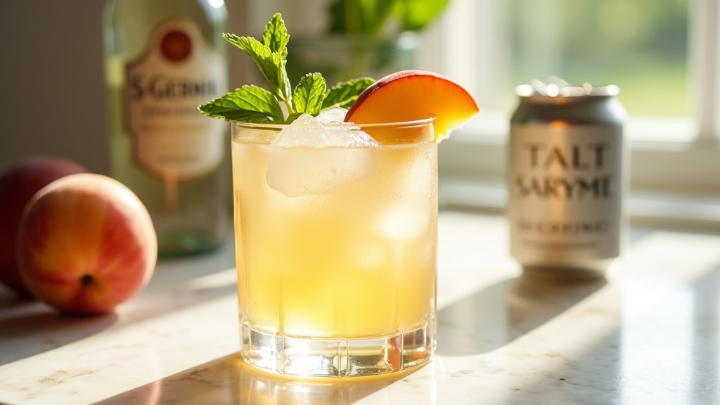 Spritz St-Germain rafraîchissant dans un verre à cocktail avec zeste de citron et glaçons